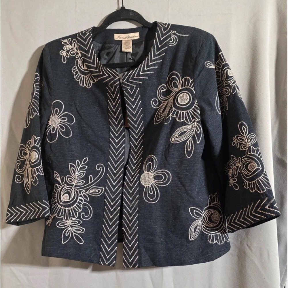 Marisa Christina Silk Blend Embroidered Jacket Black White Floral Open Front L